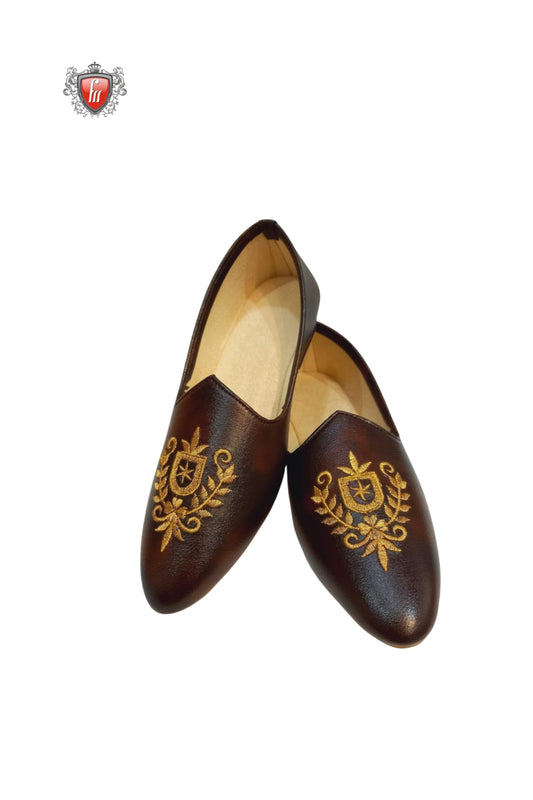 Fabmark Dark Brown Crest Embroidered Jutti – Regal Ethnic Footwear