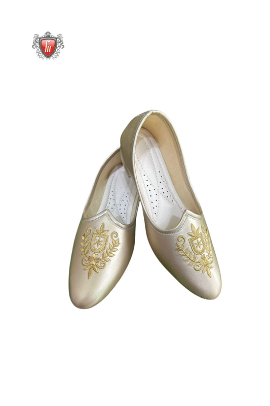 Fabmark Golden Satin Jutti with Regal Embroidery – Classic Wedding Footwear