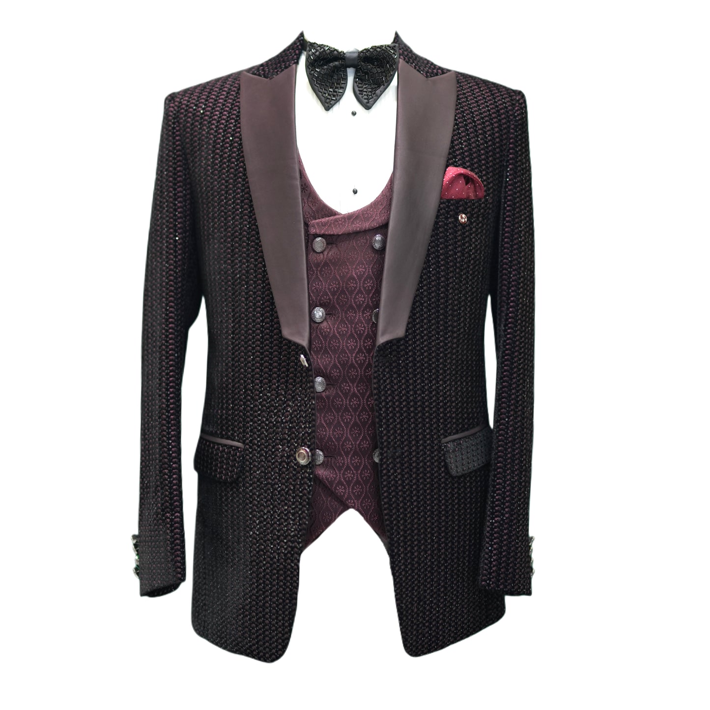 Men’s Maroon Textured Suit with Satin Lapels – Elegant Formal Jacket