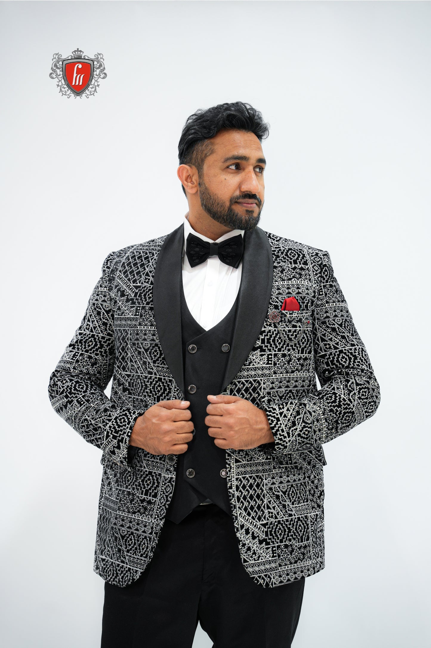 Men’s Black Patterned Velvet 3-Piece Tuxedo – Statement Suit with Satin Lapel