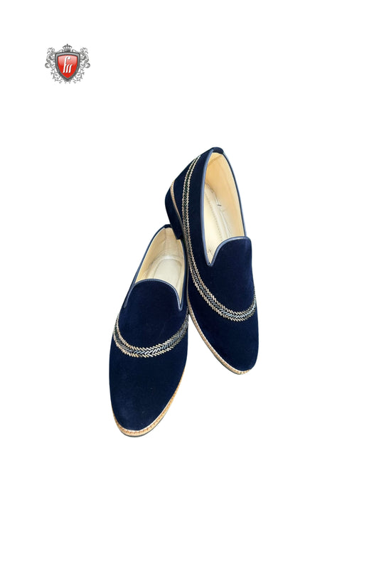 Fabmark Navy Blue Velvet Jutti with Silver Detailing – Royal Ethnic Footwear