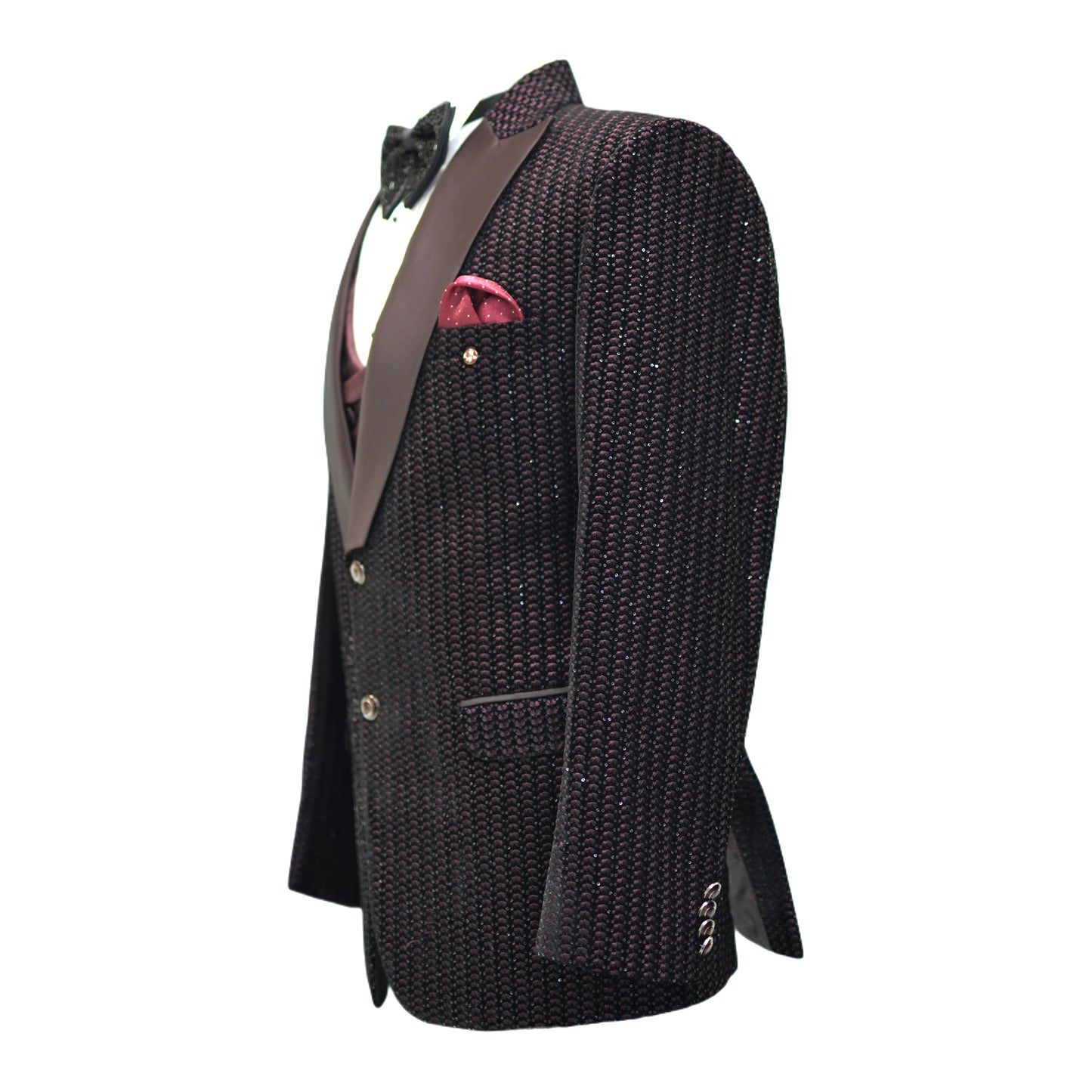 Men’s Maroon Textured Suit with Satin Lapels – Elegant Formal Jacket