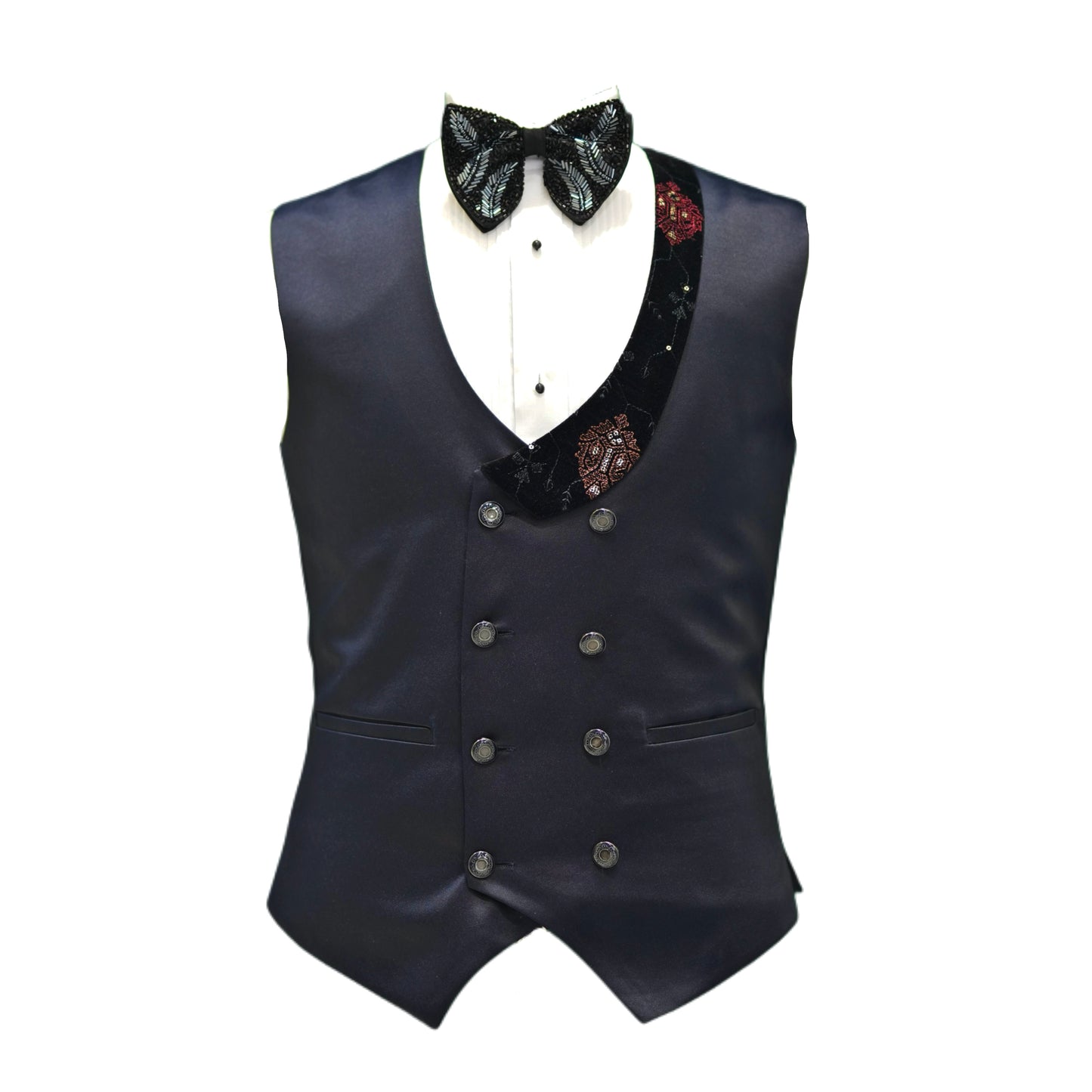 Men’s Navy Velvet Embroidered Tuxedo – 3-Piece Designer Shawl Lapel Set