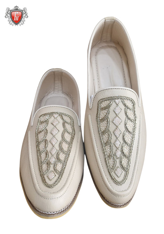 Men’s Cream Micro-Leather Heel Jutti – Dabka & Kardana Embroidery