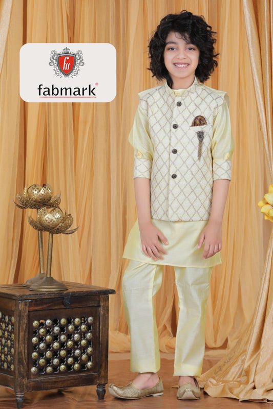 Lemon Yellow Kurta Pajama with Cream Diamond Pattern Nehru Jacket Boys Ethnic Wear
