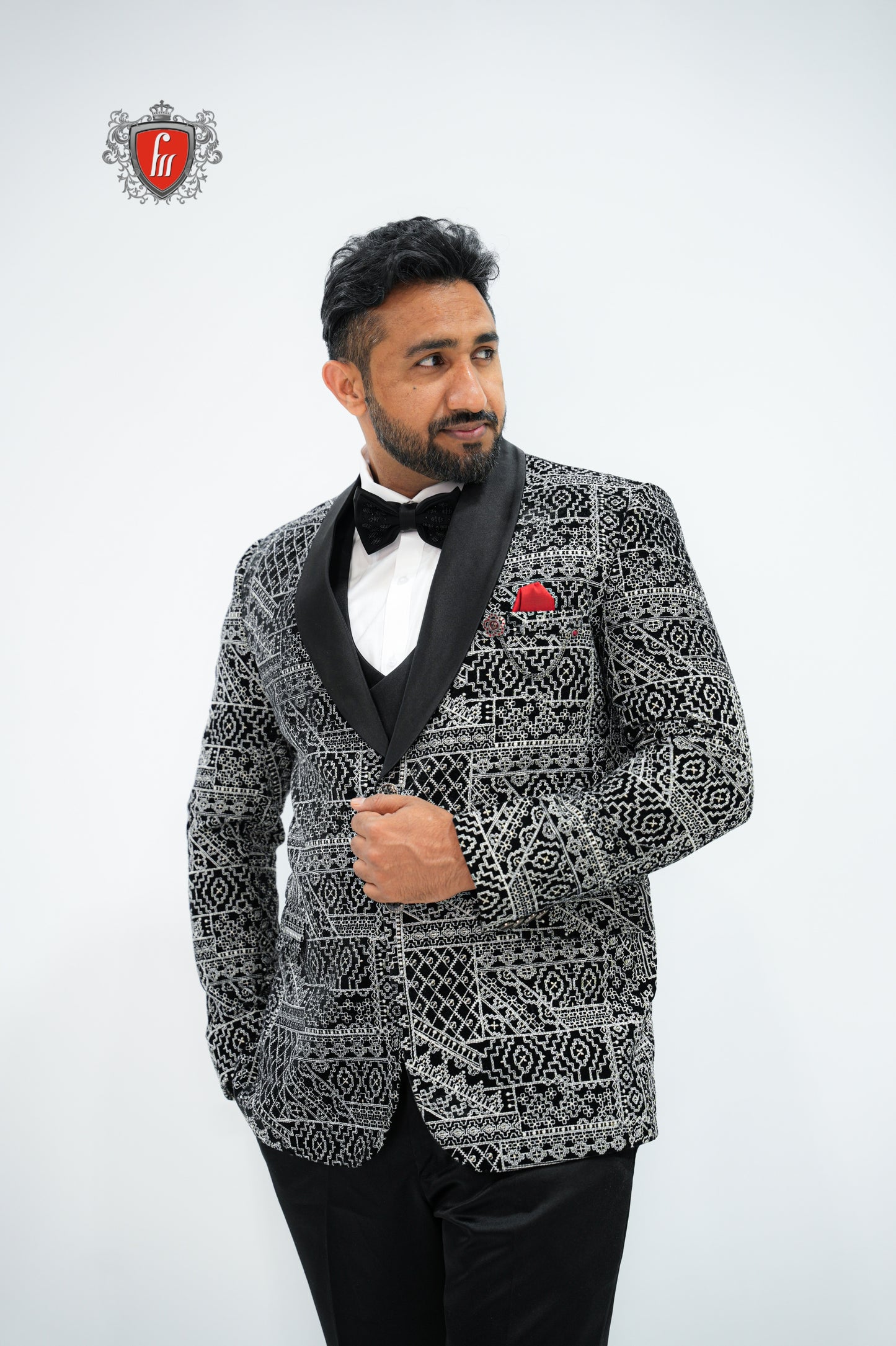 Men’s Black Patterned Velvet 3-Piece Tuxedo – Statement Suit with Satin Lapel