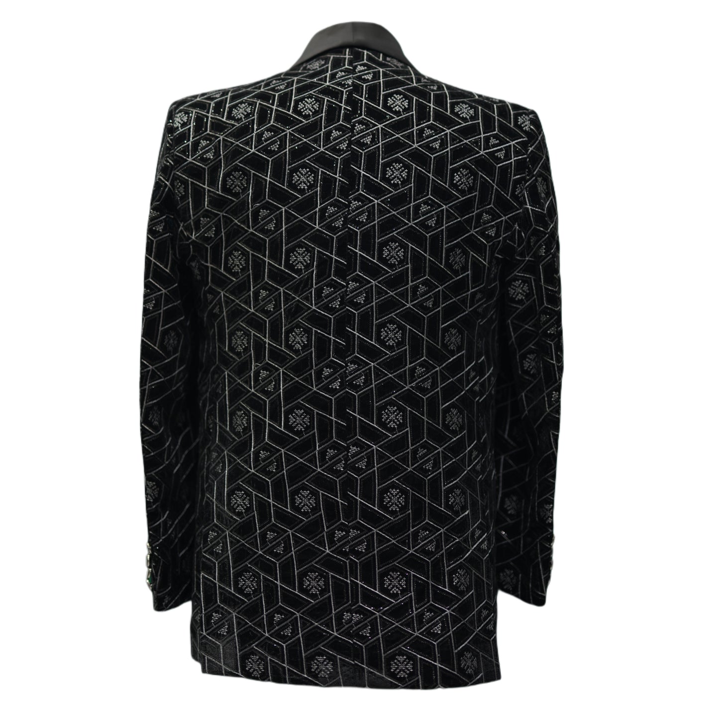 Men’s Black Velvet Suit with Geometric Design – Luxury Formal Attire
