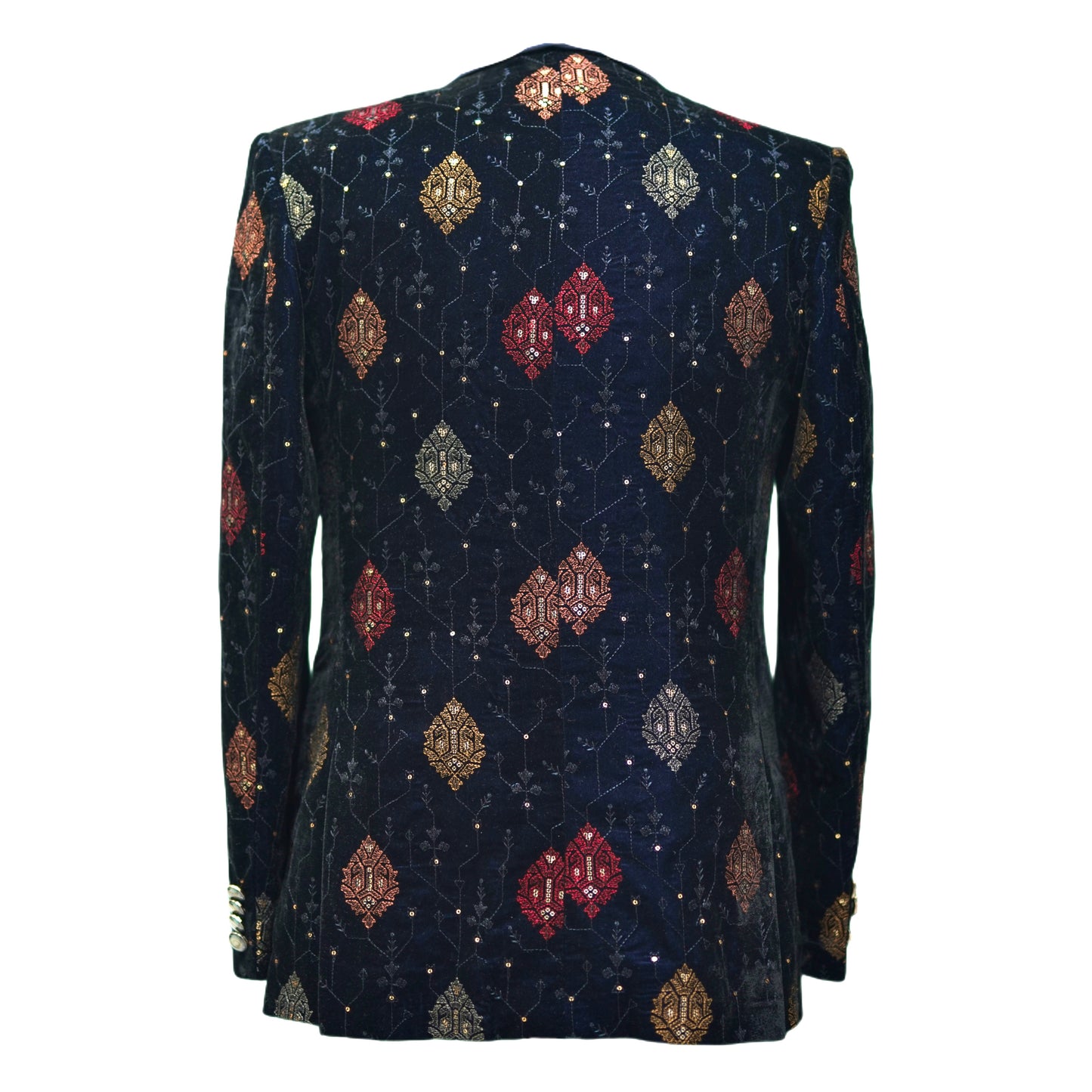 Men’s Navy Velvet Embroidered Tuxedo – 3-Piece Designer Shawl Lapel Set