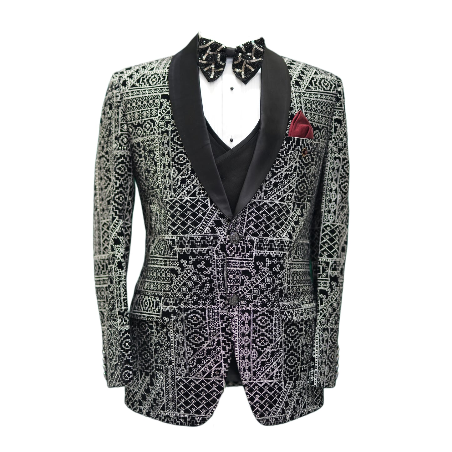 Men’s Black & Silver Embroidered Suit – Intricate Detail, Luxury Formal Jacket