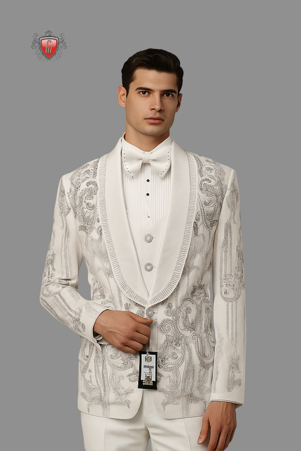 Men’s White Embroidered Tuxedo with Silver Detailing & Satin Lapel – Royal Luxury Wedding Suit