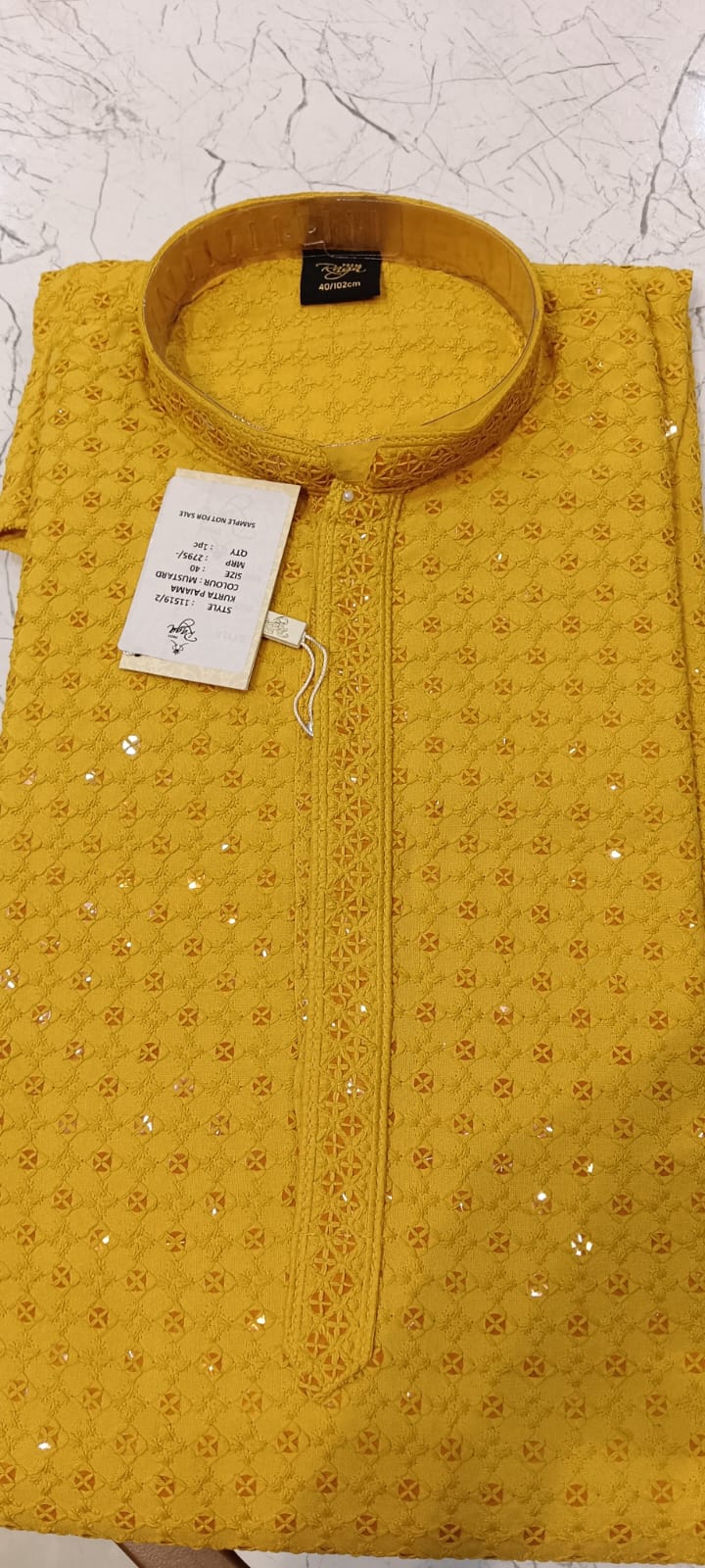 Mustard Yellow Chikankari Kurta Pajama for Men – Mirror Embroidered Festive Wear
