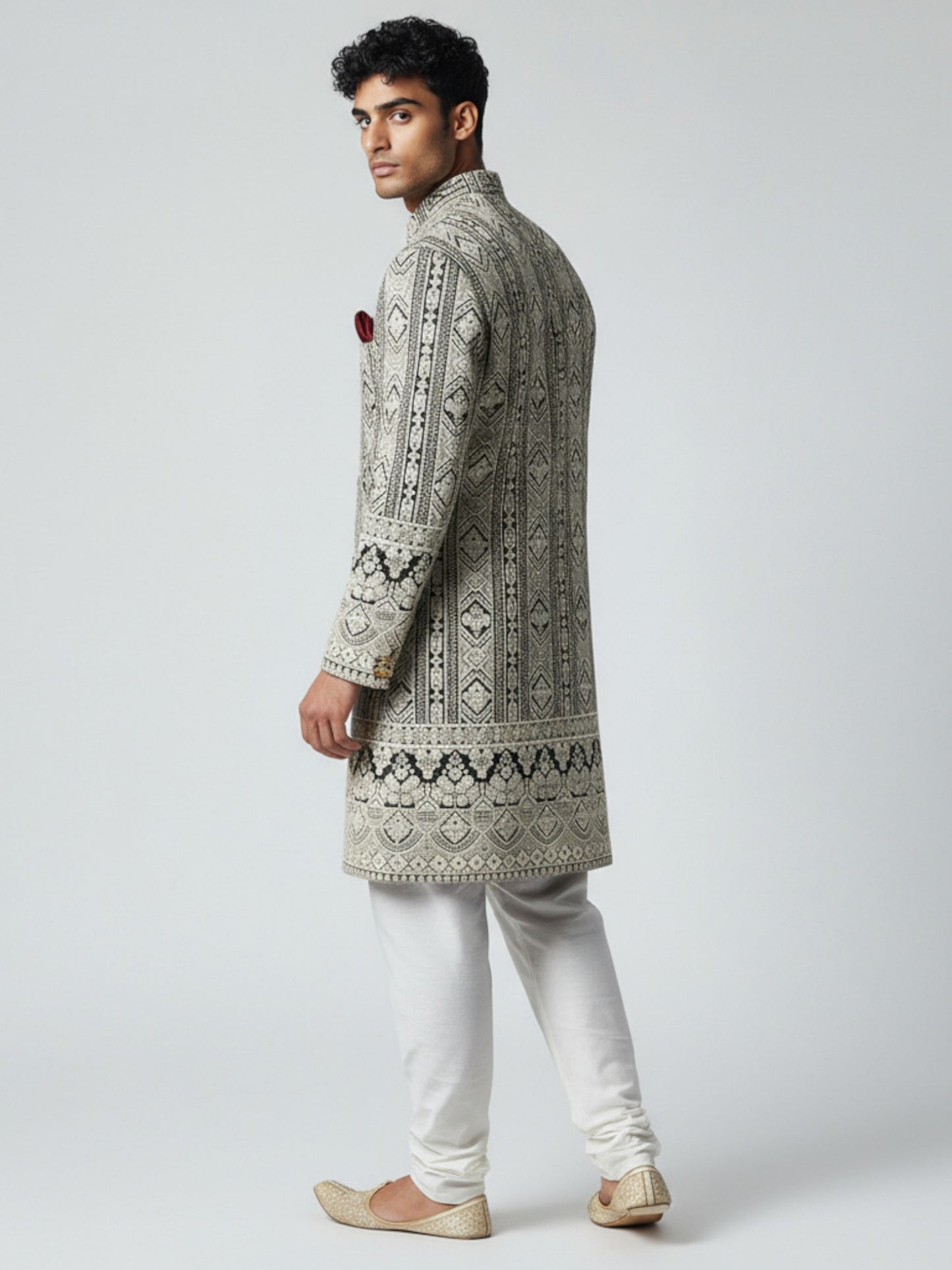 Black & Ivory Embroidered Achkan for Men – Regal Wedding Ensemble