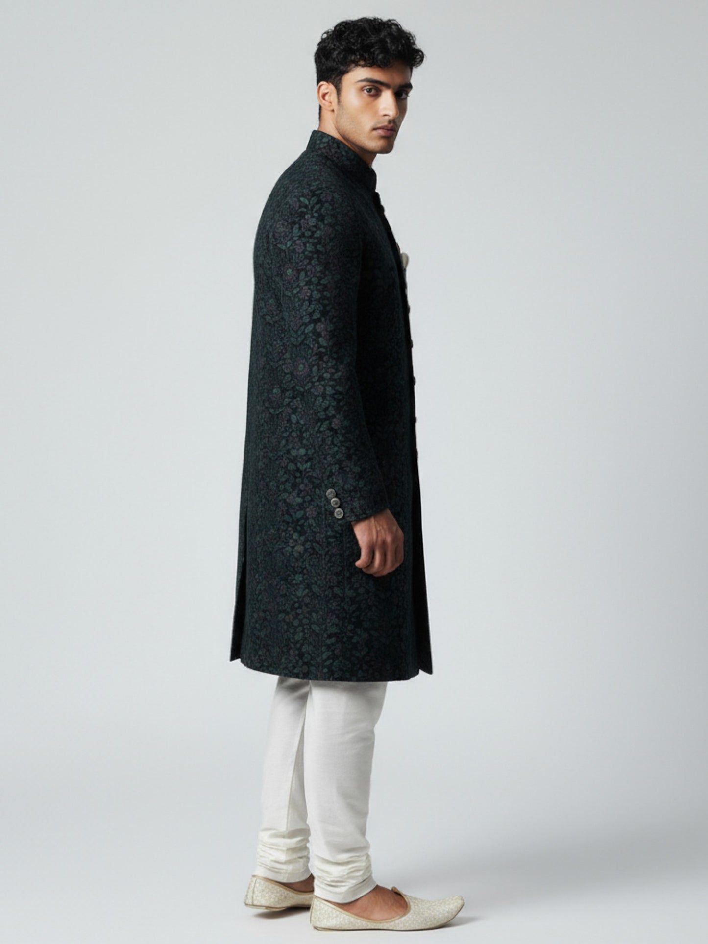 Black Teal Brocade Achkan for Men | Regal Wedding & Festive Wear