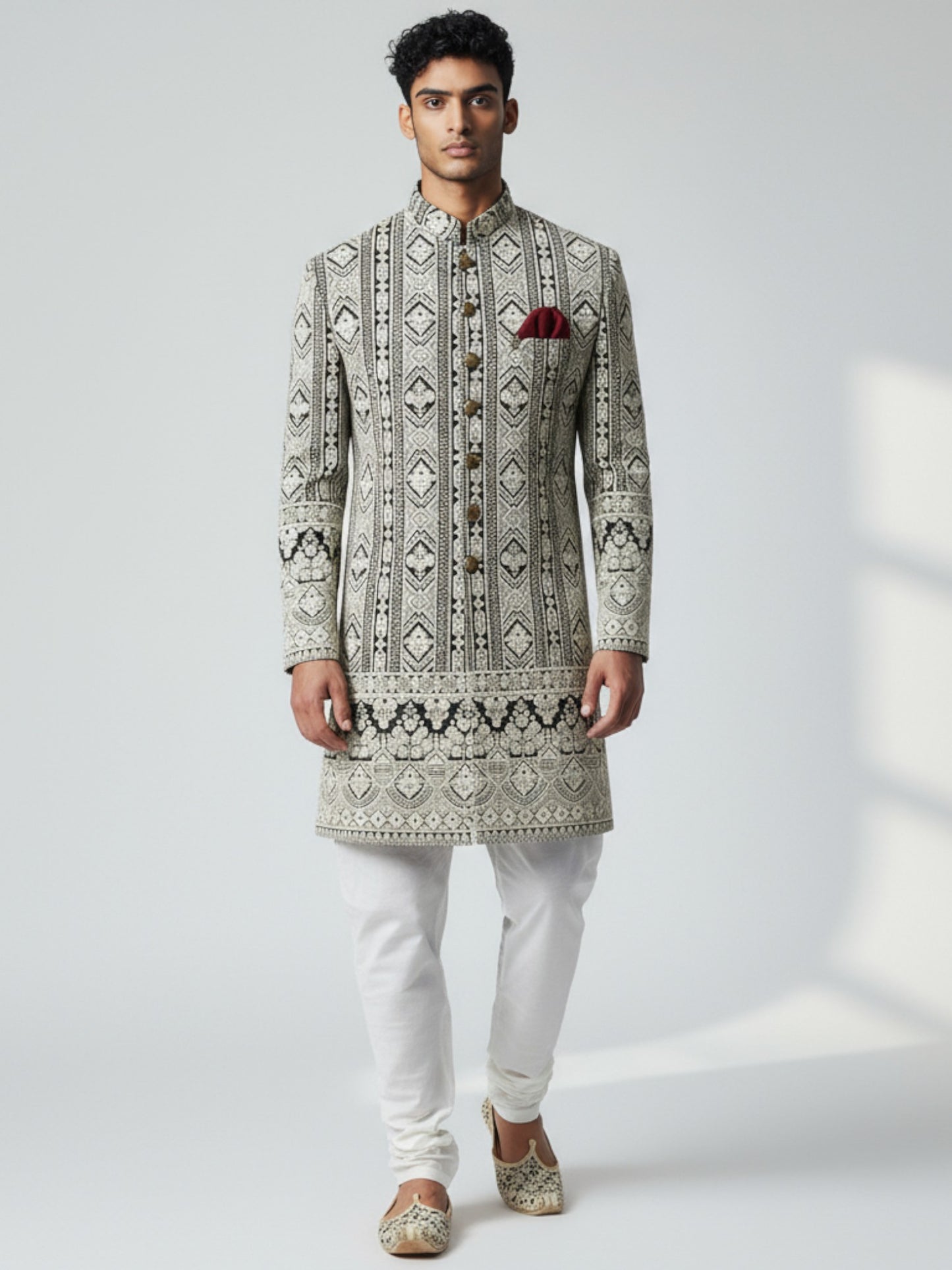 Black & Ivory Embroidered Achkan for Men – Regal Wedding Ensemble