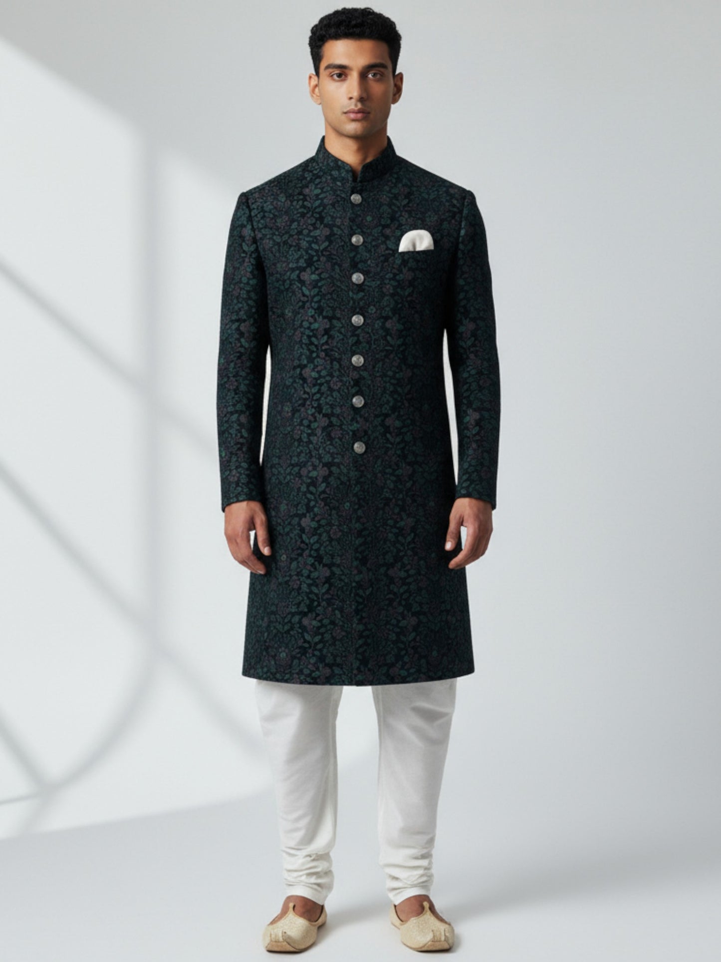 Black Teal Brocade Achkan for Men | Regal Wedding & Festive Wear
