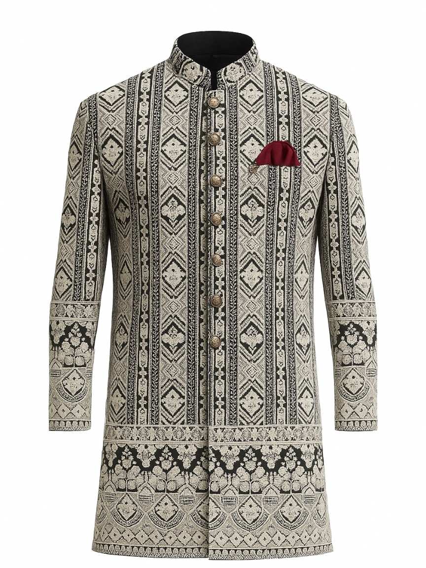 Black & Ivory Embroidered Achkan for Men – Regal Wedding Ensemble