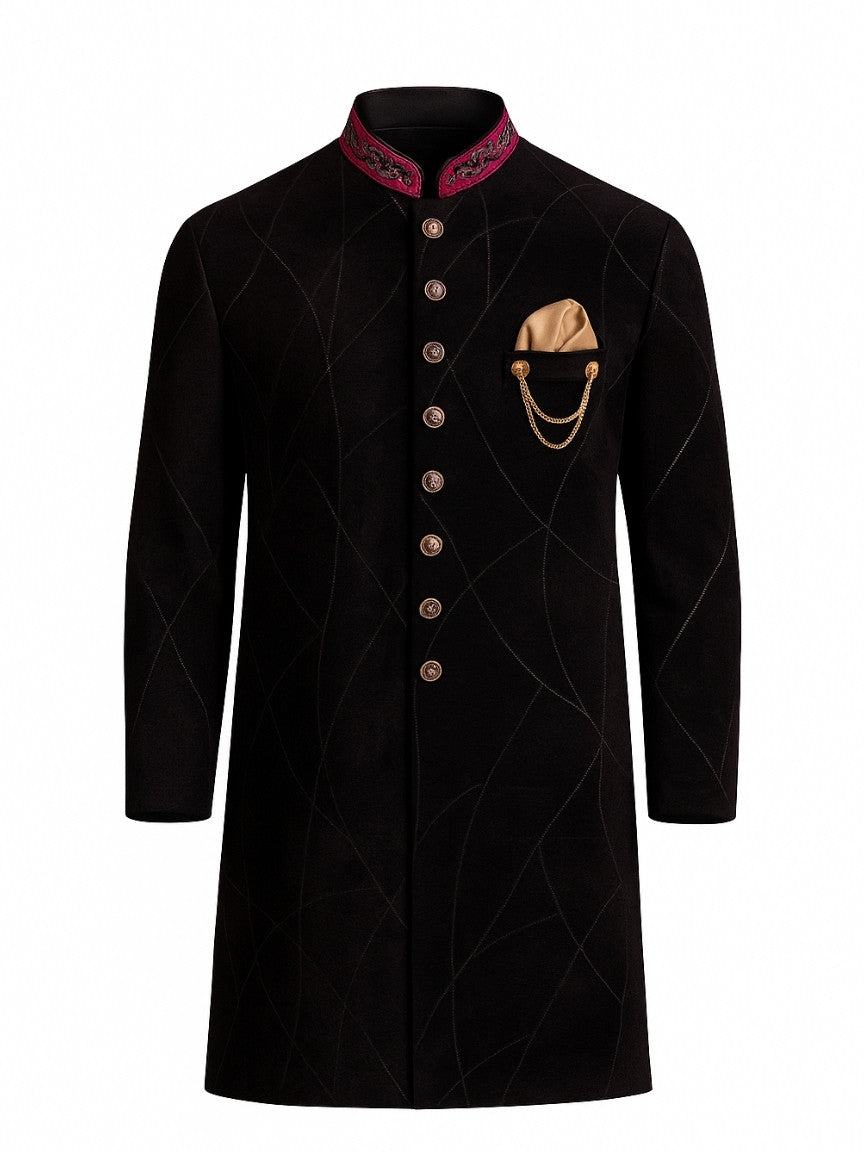 Black Velvet Achkan for Men | Gold Chain Pocket & Embroidered Collar