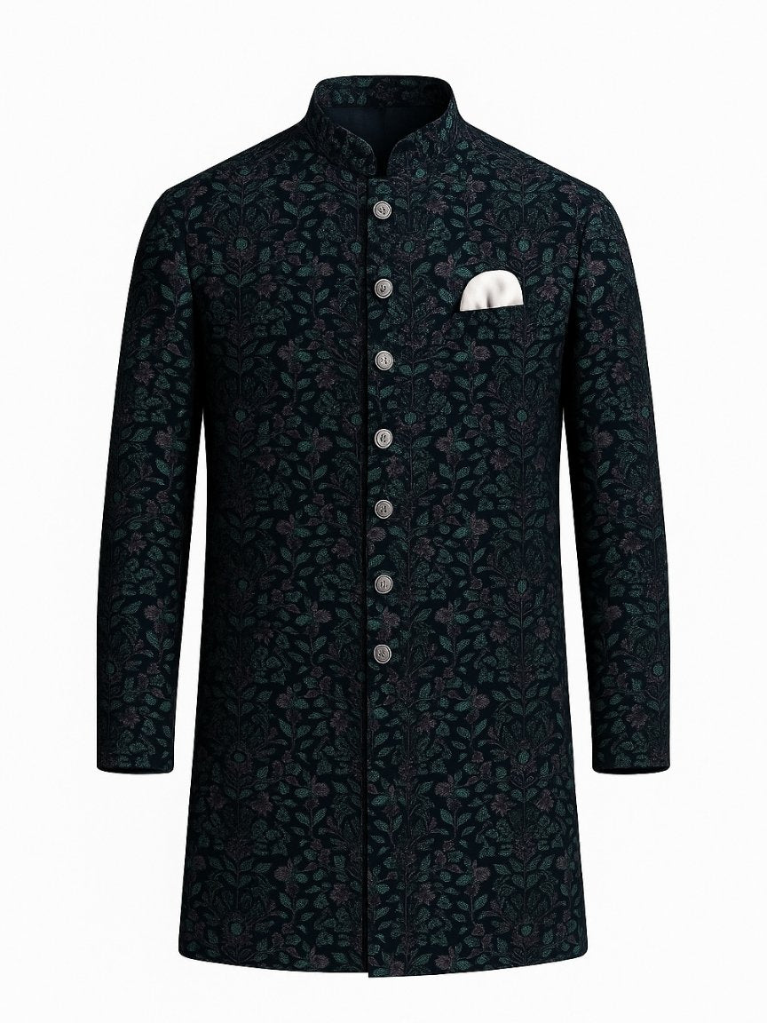 Black Teal Brocade Achkan for Men | Regal Wedding & Festive Wear