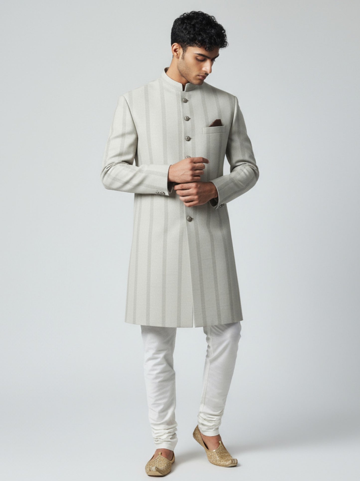 Silver Striped Achkan for Men – Elegant Wedding & Festive Wear