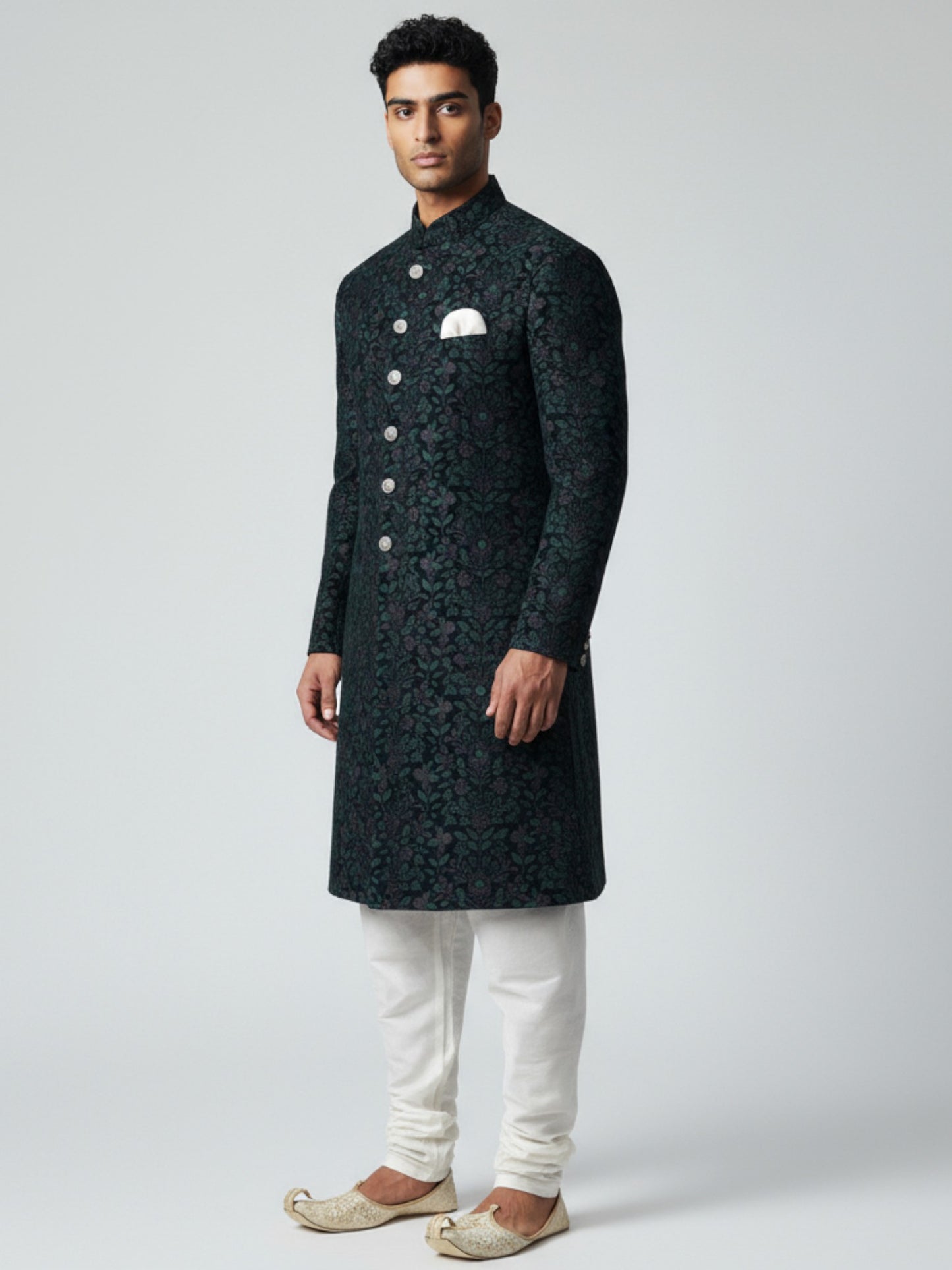 Black Teal Brocade Achkan for Men | Regal Wedding & Festive Wear