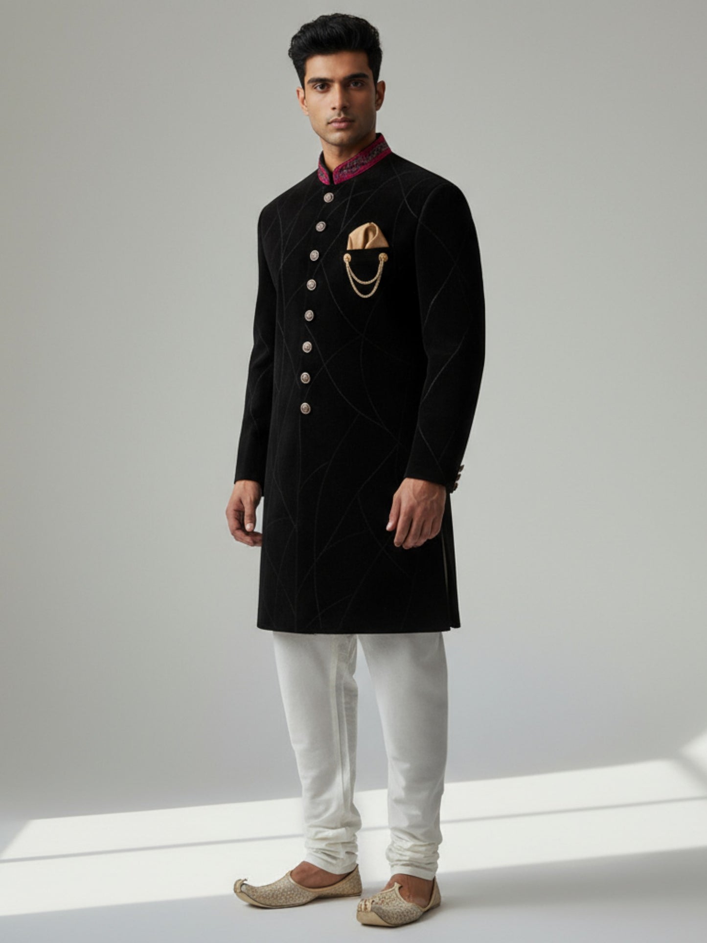 Black Velvet Achkan for Men | Gold Chain Pocket & Embroidered Collar