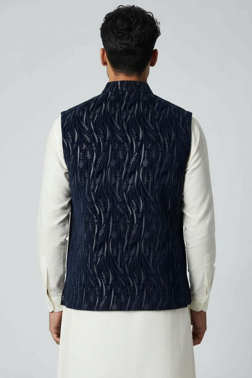 Men’s Navy Textured Embroidered Nehru Jacket – Luxe Festive & Wedding Wear