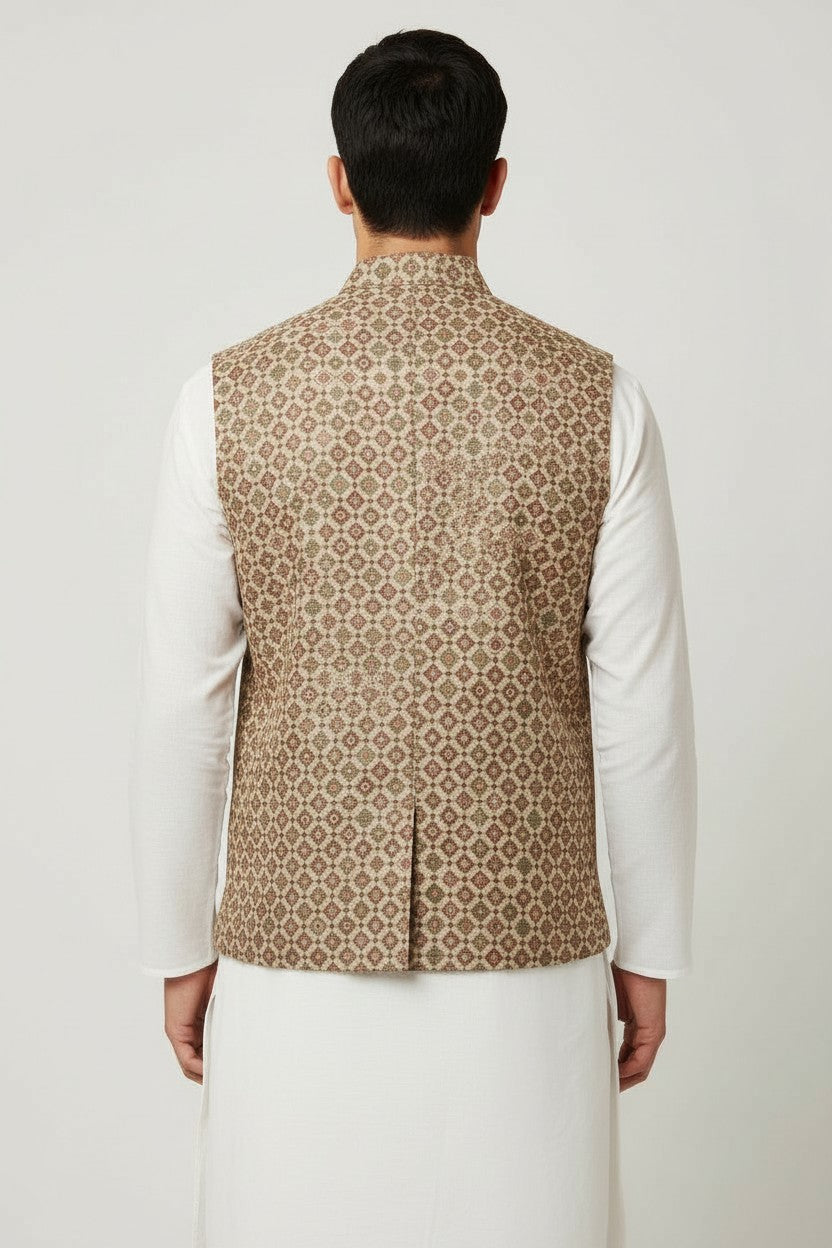 Men’s Beige & Maroon Mosaic-Pattern Nehru Jacket – Festive & Wedding Wear