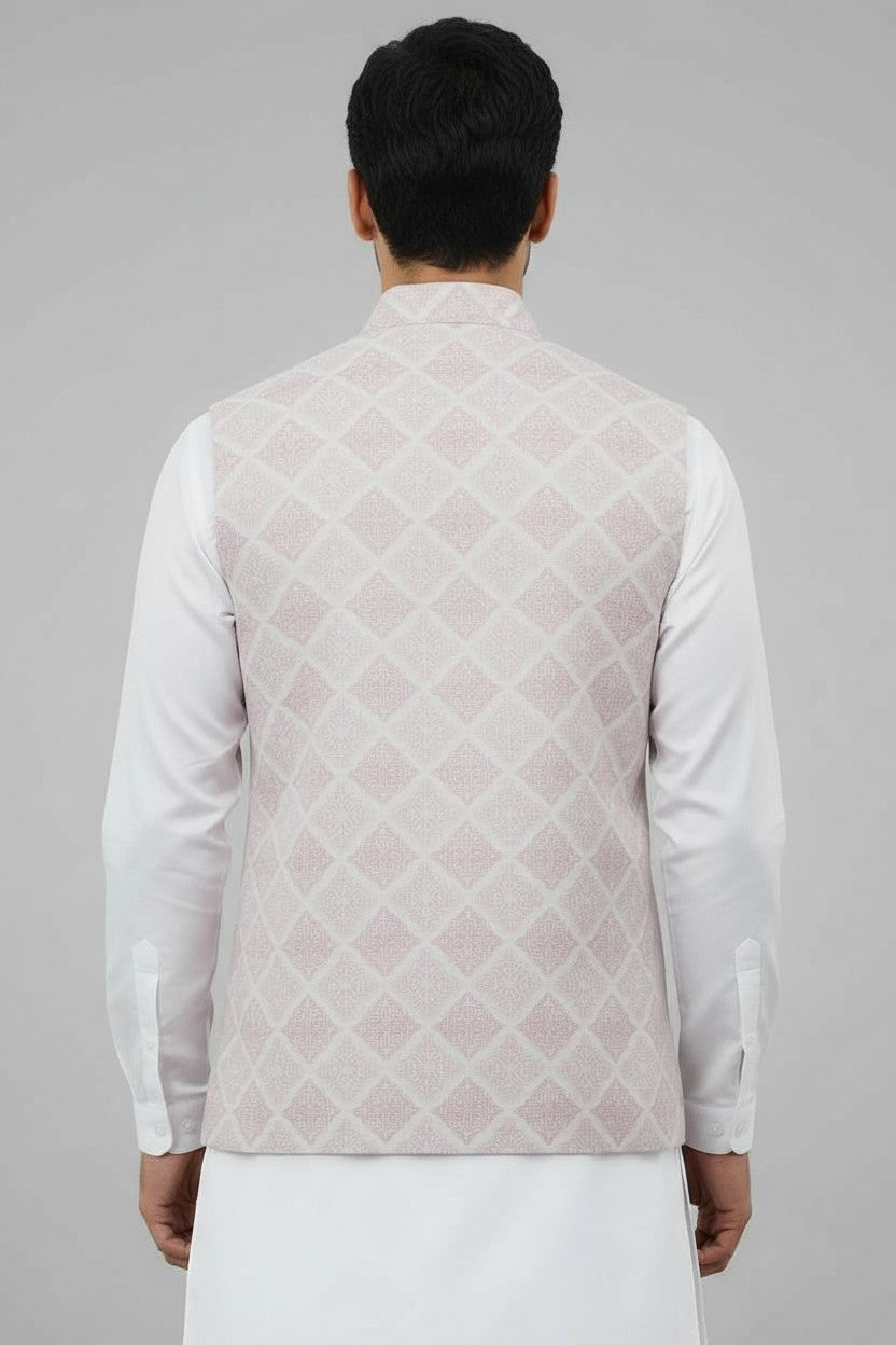 Men’s Pastel Pink Geometric Printed Nehru Jacket – Wedding & Festive Wear