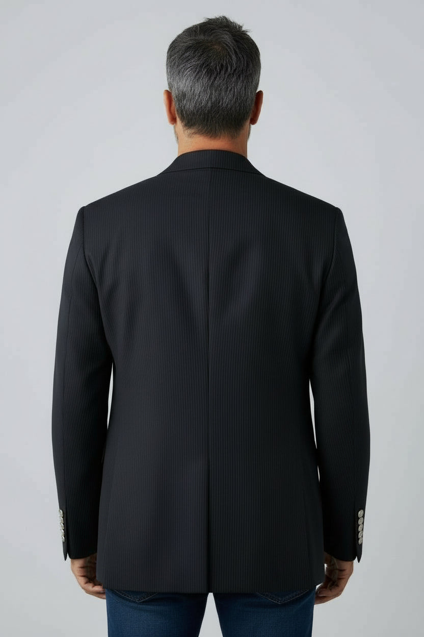 Men’s Black Double-Breasted Pinstripe Blazer – Tailored Formal Jacket