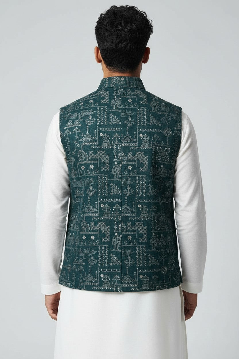 Men’s Deep Teal Heritage Print Nehru Jacket – Designer Festive & Wedding Wear