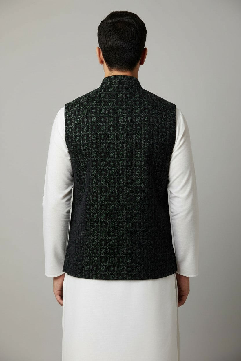 Men’s Dark Green Geometric Embroidered Nehru Jacket – Festive & Wedding Wear
