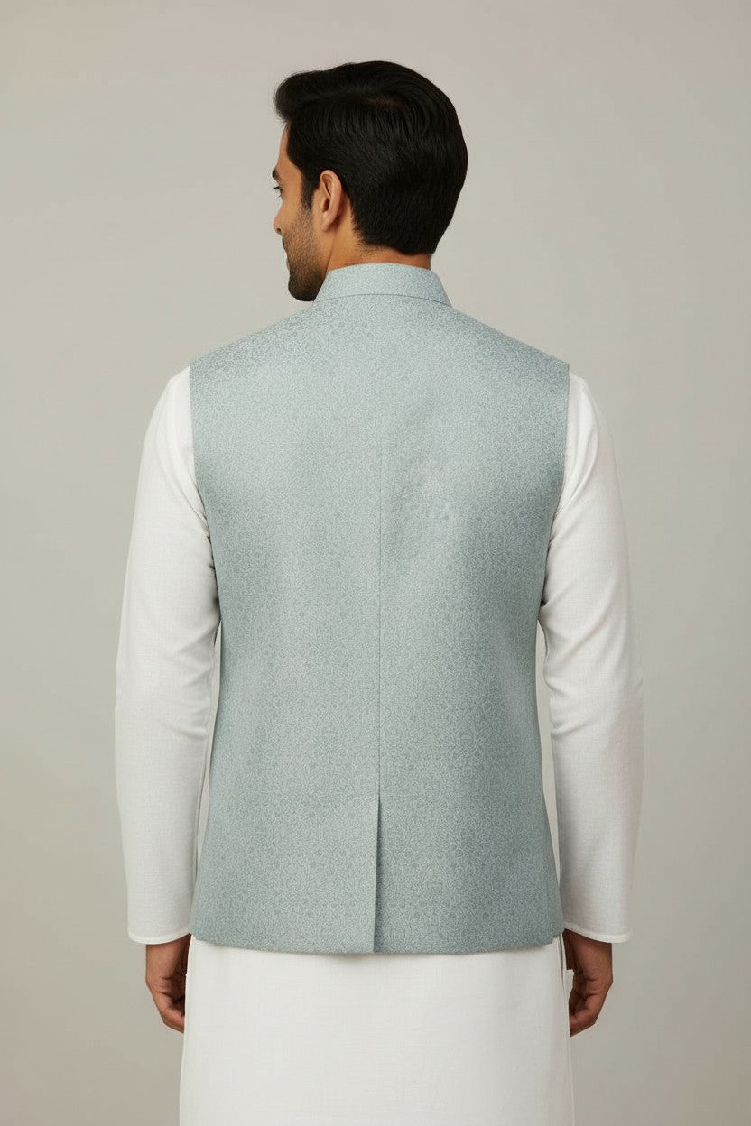 Men’s Mint Blue Jacquard Nehru Jacket – Elegant Festive & Wedding Wear