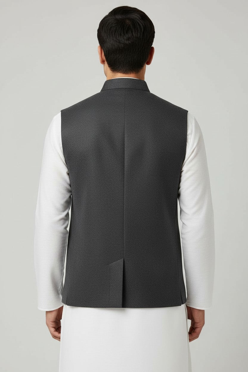 Men’s Charcoal Textured Nehru Jacket – Classic Formal Waistcoat