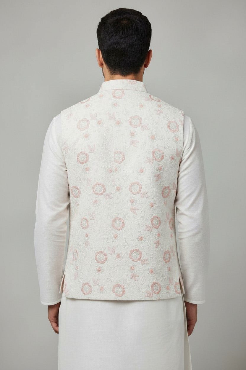 Men’s Ivory Pink Floral Embroidered Nehru Jacket – Soft Pastel Waistcoat