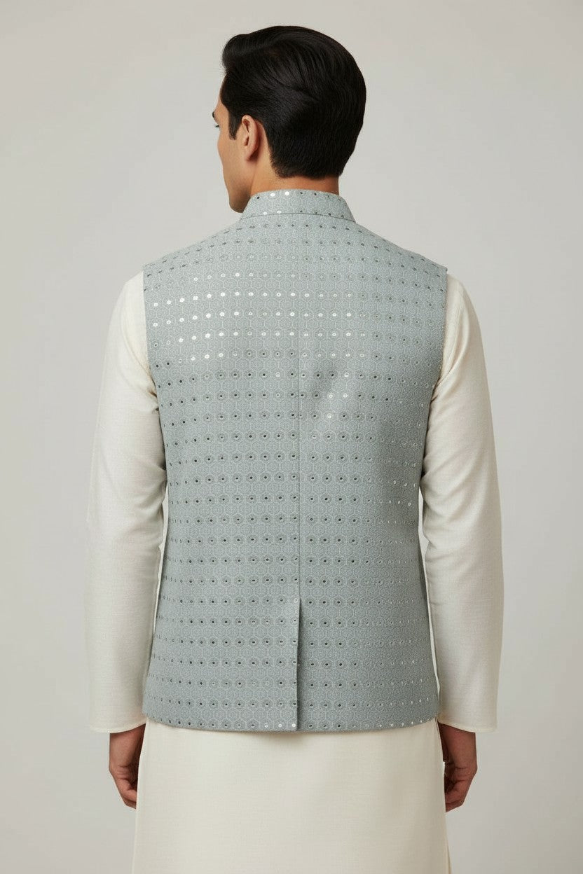 Men’s Sea Green Mirror Work Nehru Jacket – Elegant Wedding & Festive Wear