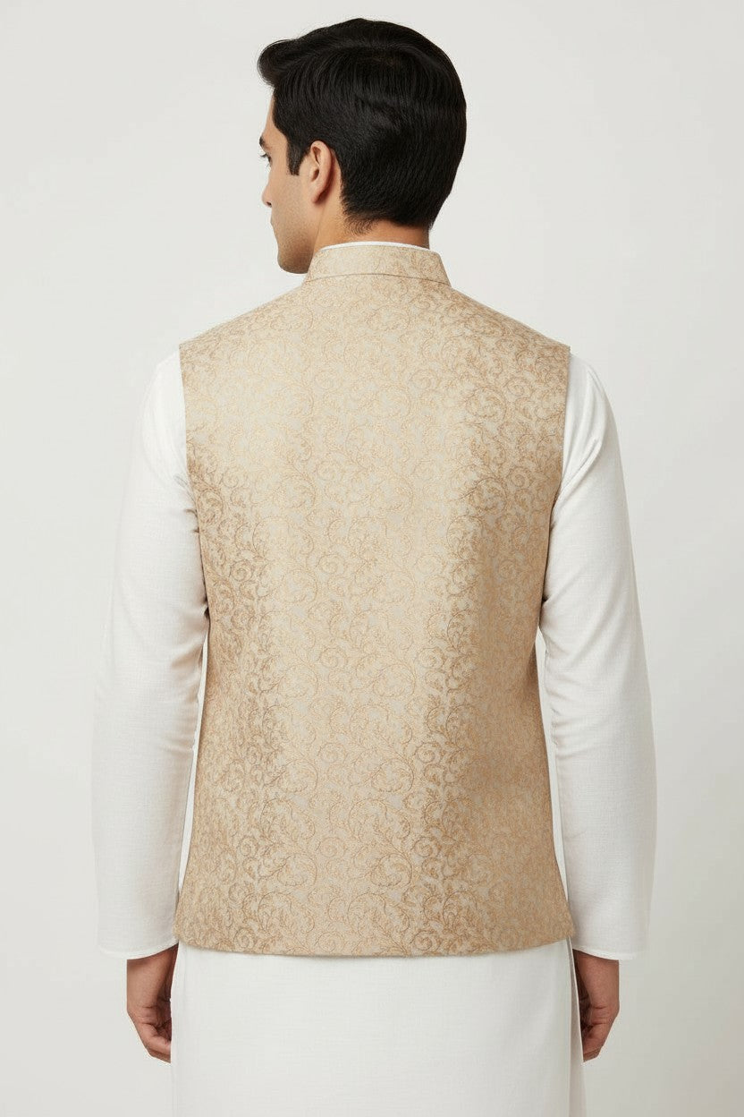 Men’s Beige Gold Jacquard Nehru Jacket – Classic Wedding & Festive Wear