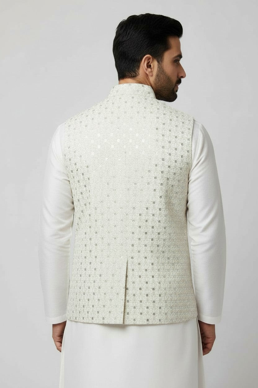 Men’s Ivory Sequin Embroidered Nehru Jacket – Luxe Wedding & Festive Wear