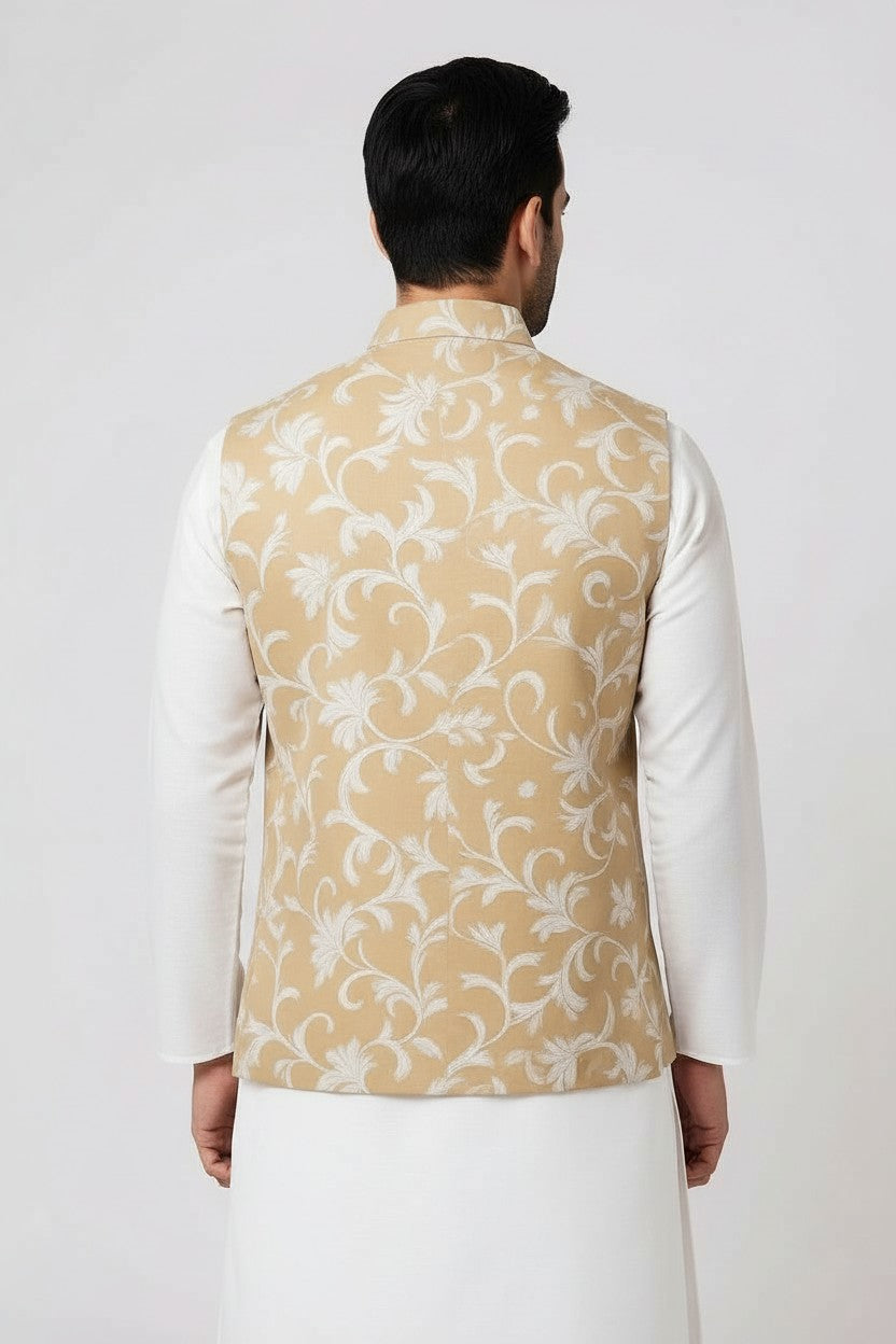 Men’s Beige Floral Embroidered Nehru Jacket – Elegant Festive & Wedding Wear