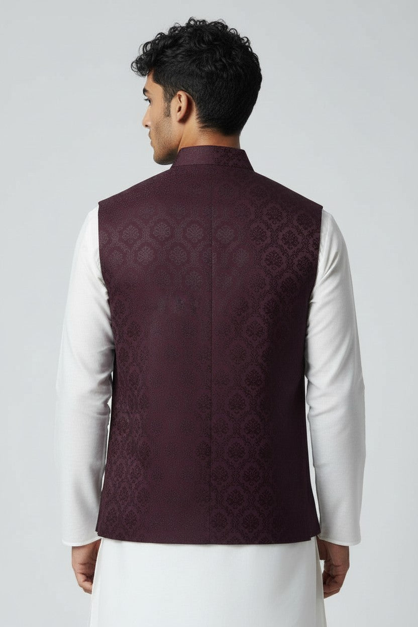 Men’s Deep Purple Jacquard Nehru Jacket – Royal Festive Waistcoat