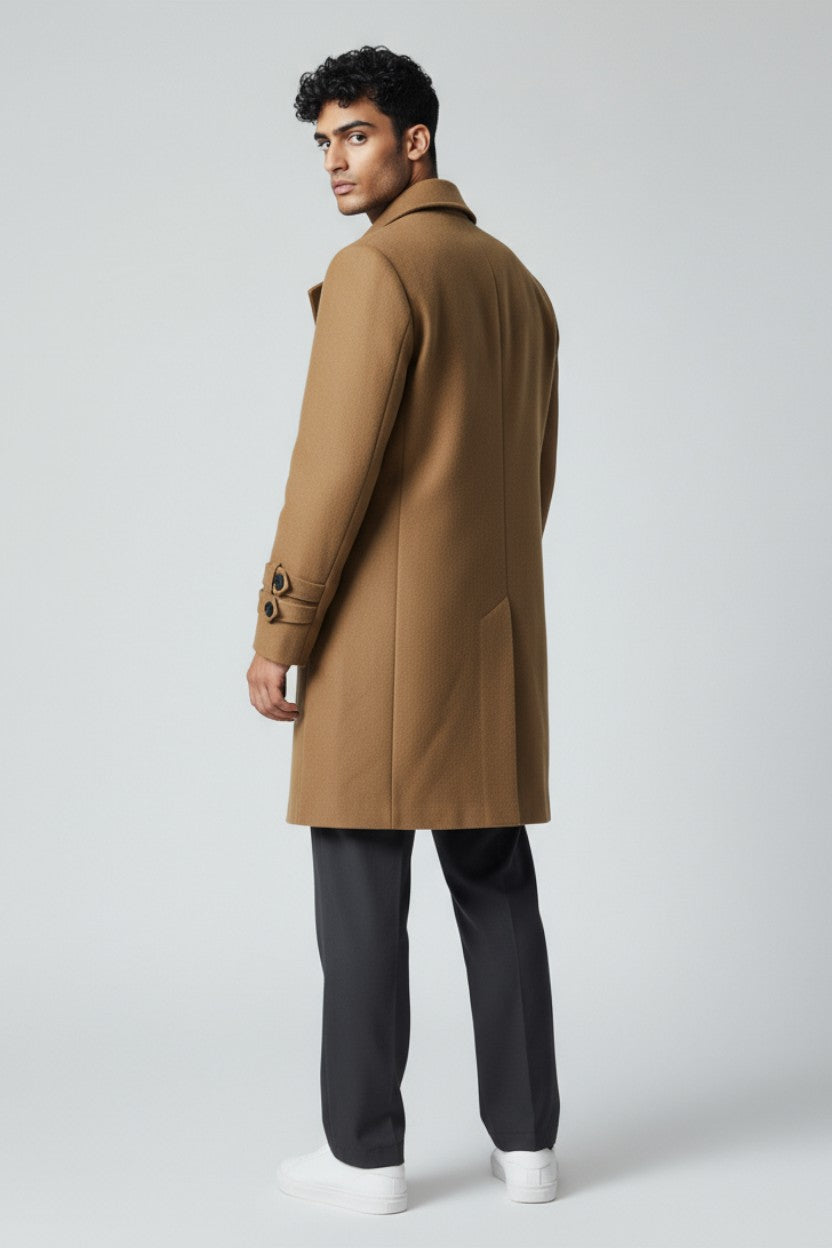 Men’s Brown Double-Breasted Wool Overcoat – Classic Military-Inspired Winter Peacoat