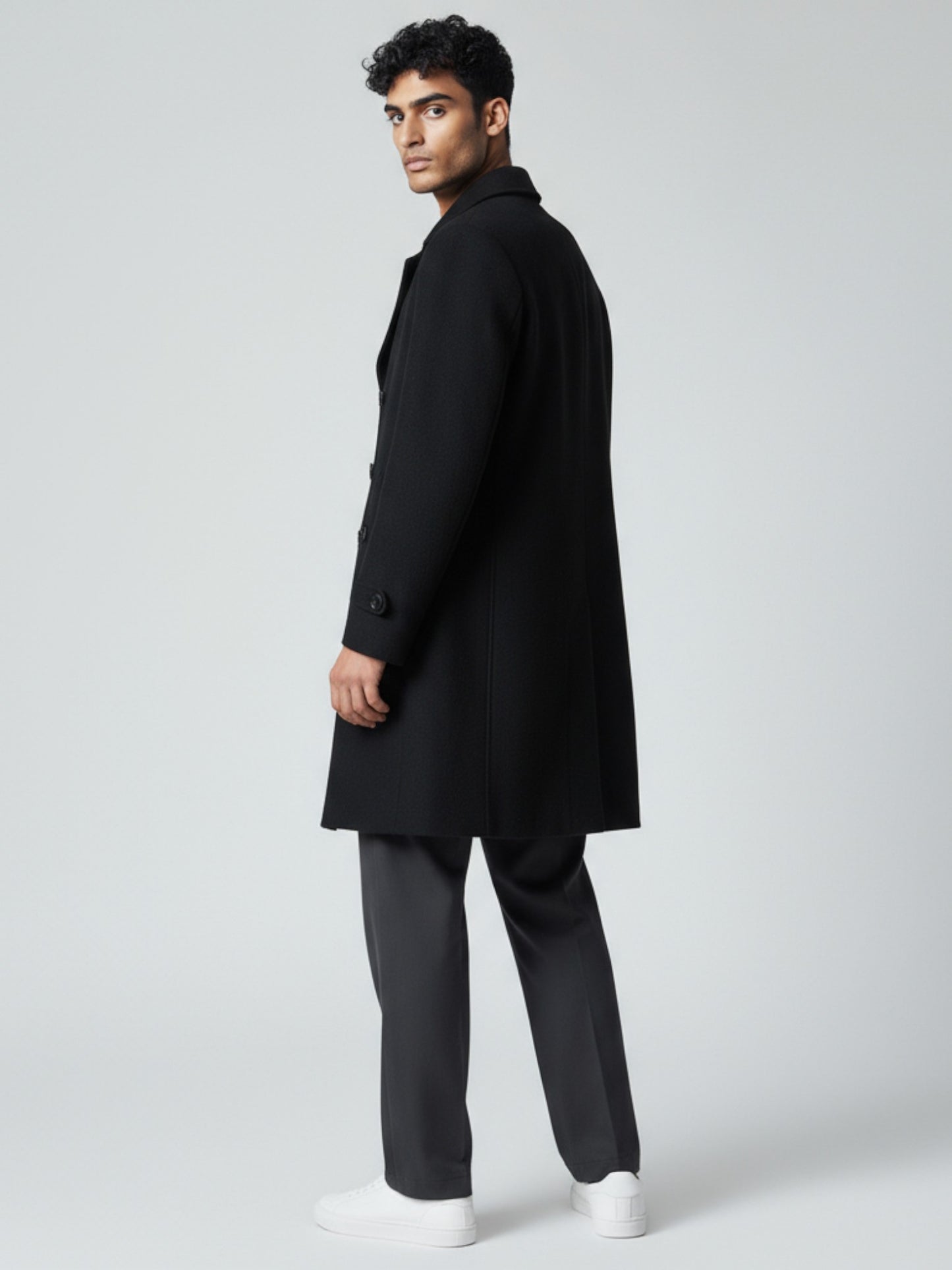 Men’s Black Double-Breasted Wool Overcoat – Classic Winter Peacoat for Timeless Elegance