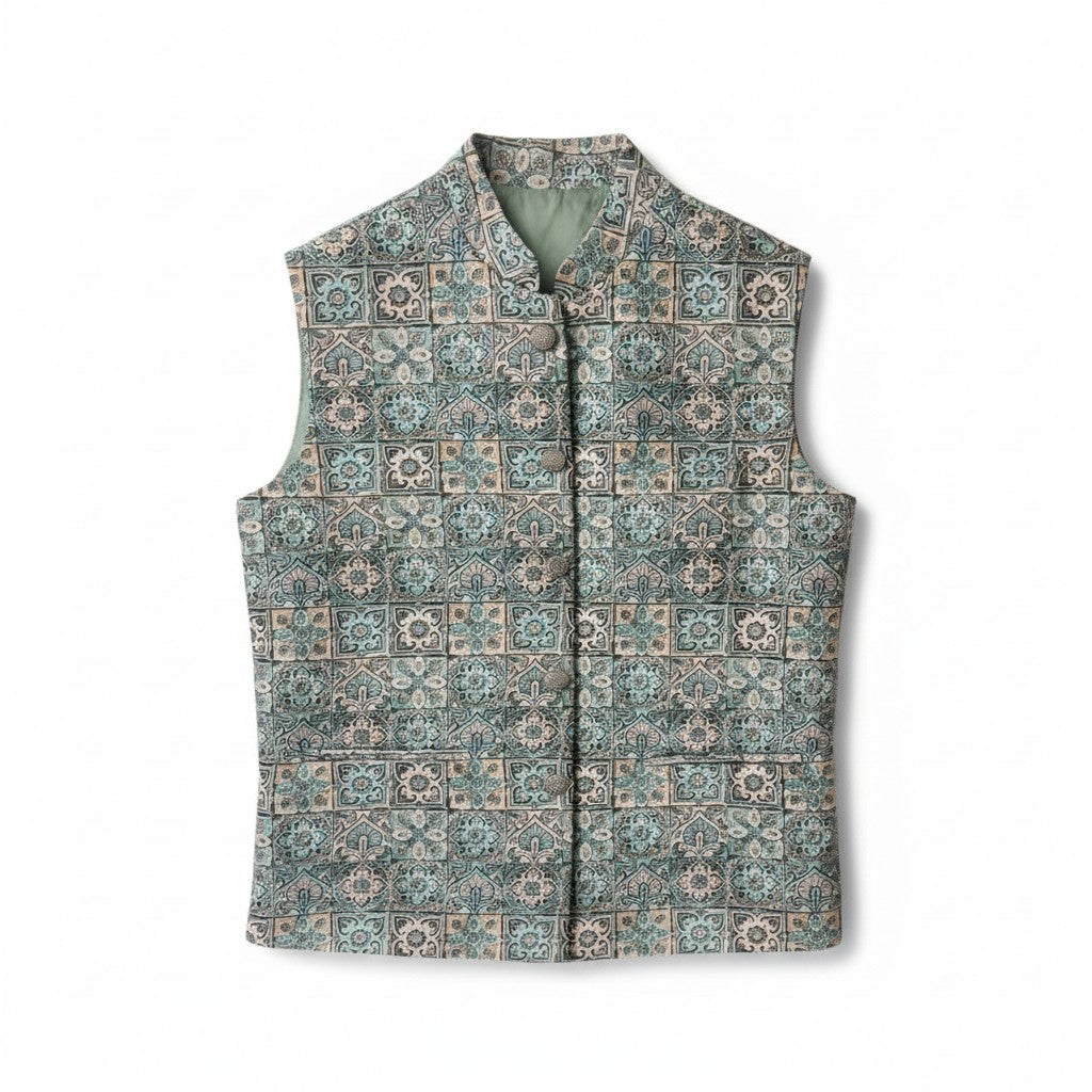 Men’s Teal Mosaic Embroidered Nehru Jacket – Designer Festive & Wedding Wear