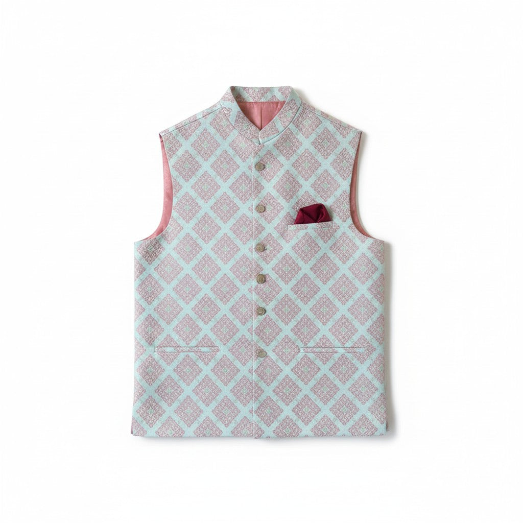 Men’s Pastel Pink Geometric Printed Nehru Jacket – Wedding & Festive Wear