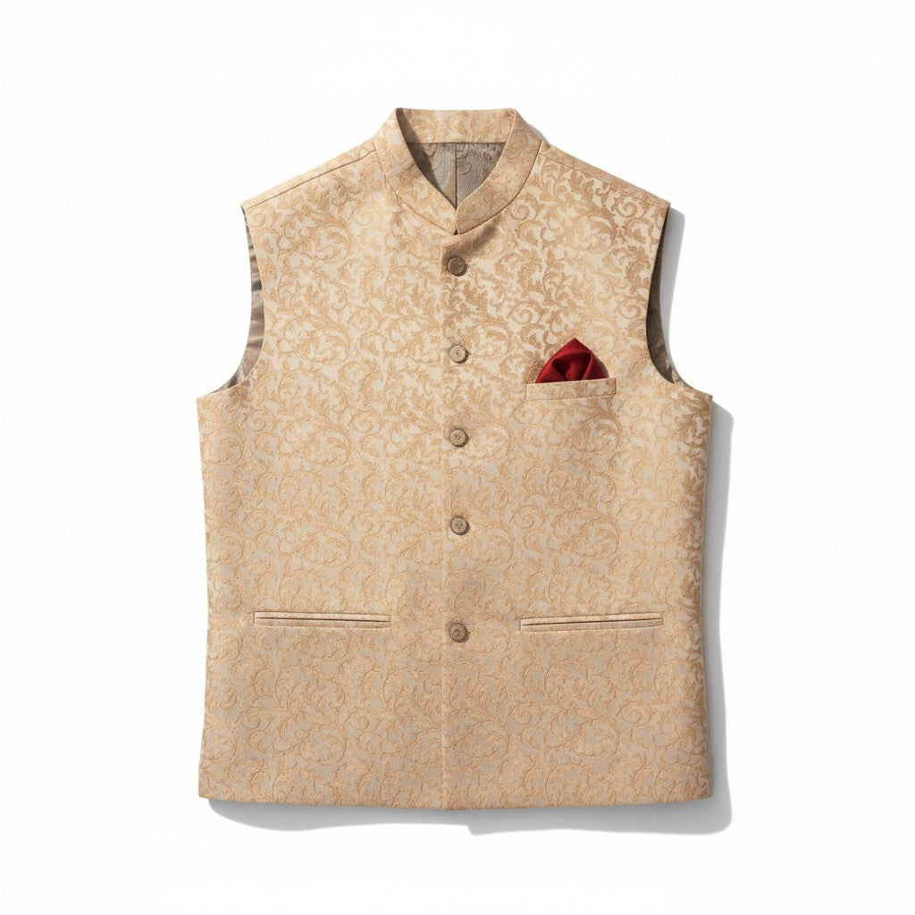 Men’s Beige Gold Jacquard Nehru Jacket – Classic Wedding & Festive Wear