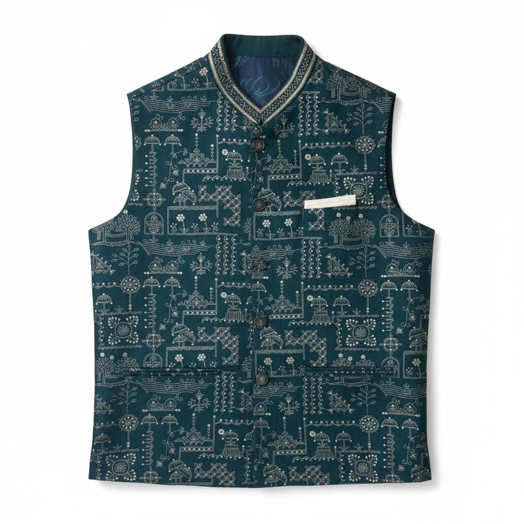 Men’s Deep Teal Heritage Print Nehru Jacket – Designer Festive & Wedding Wear