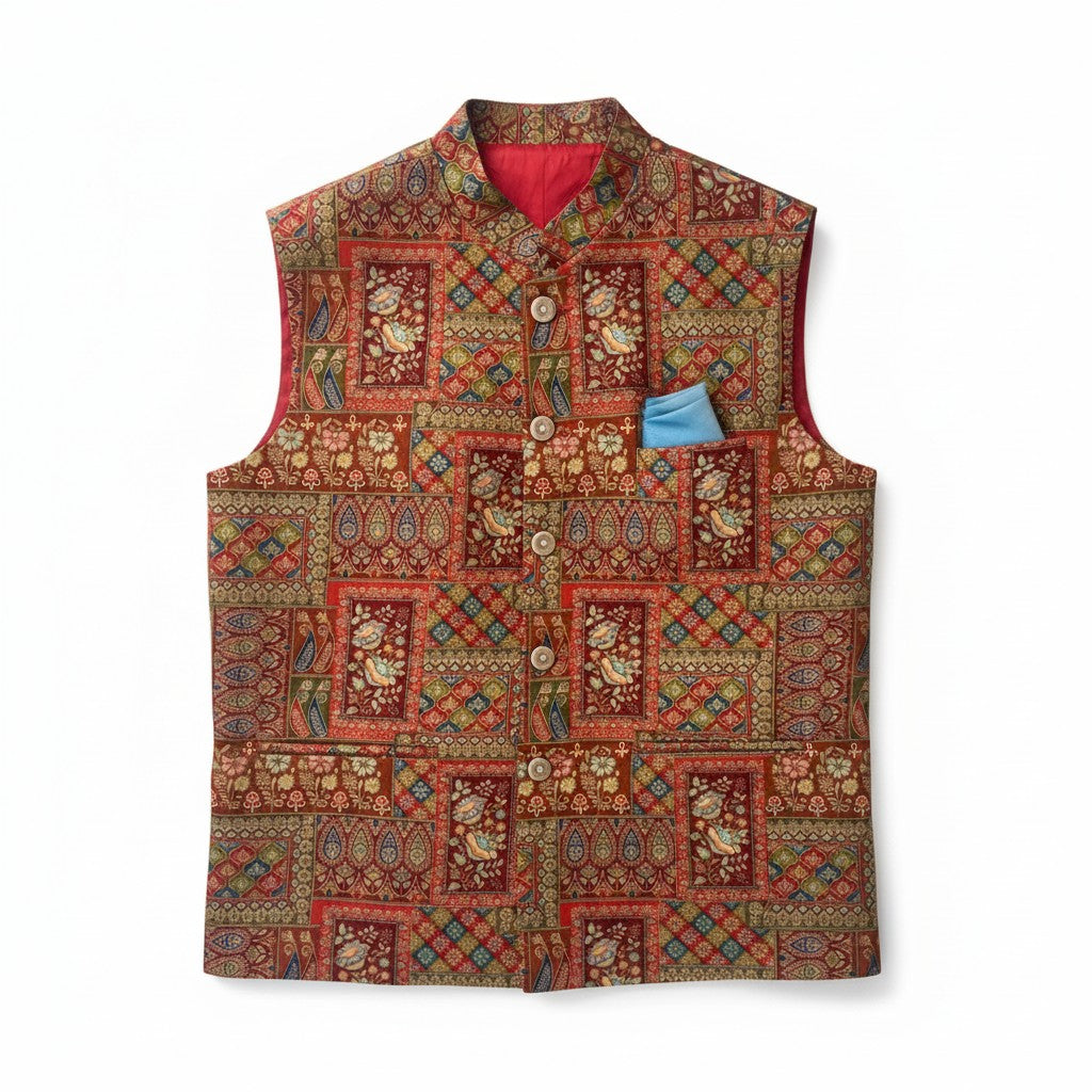 Men’s Maroon Multicolor Tapestry Printed Nehru Jacket – Designer Festive Wear