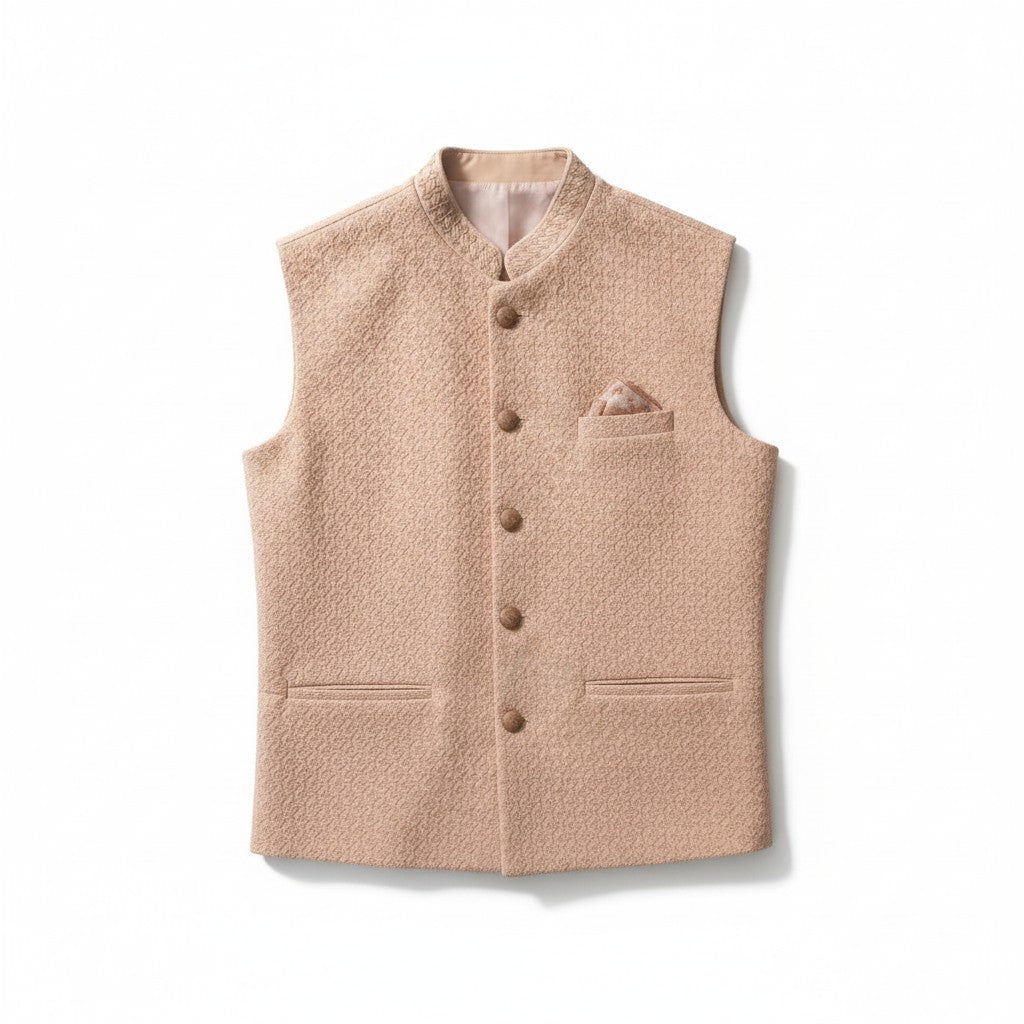 Men’s Pastel Peach Textured Nehru Jacket – Elegant Festive & Wedding Wear