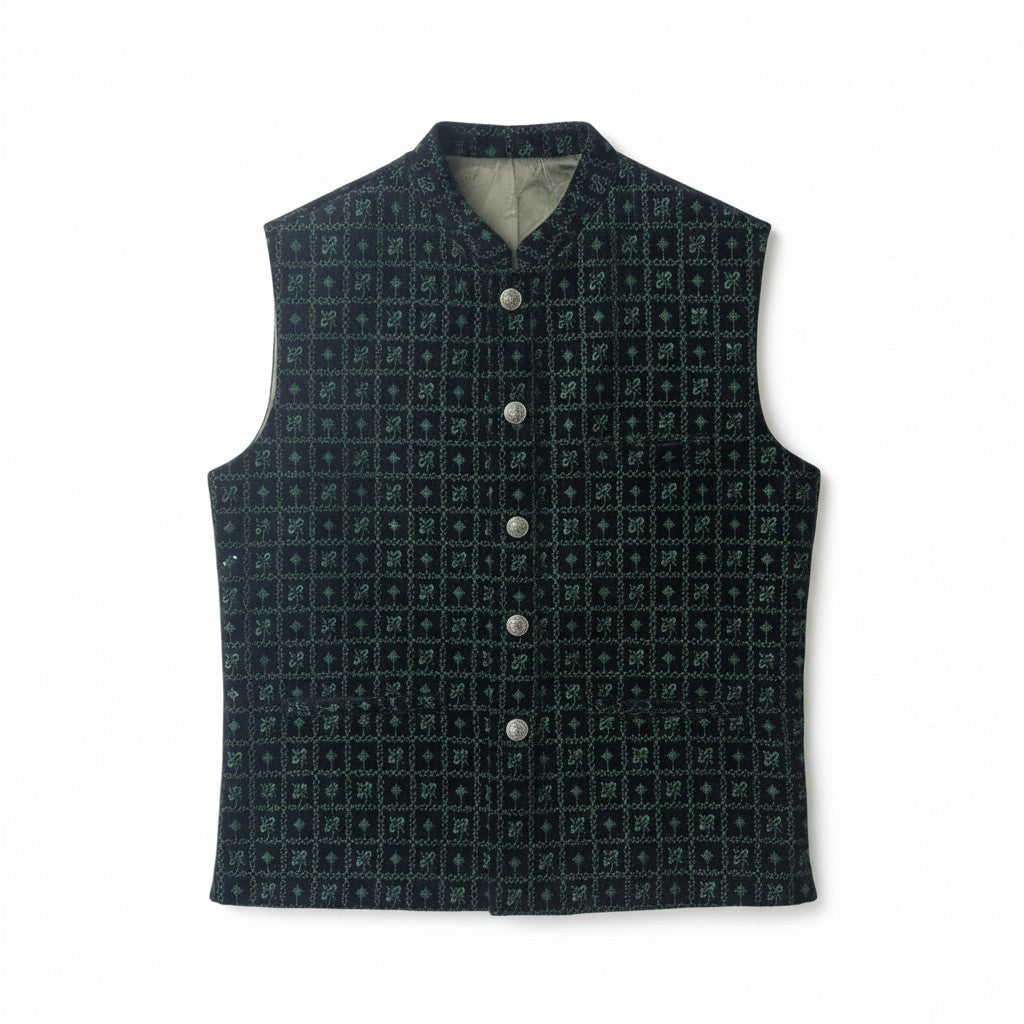 Men’s Dark Green Geometric Embroidered Nehru Jacket – Festive & Wedding Wear