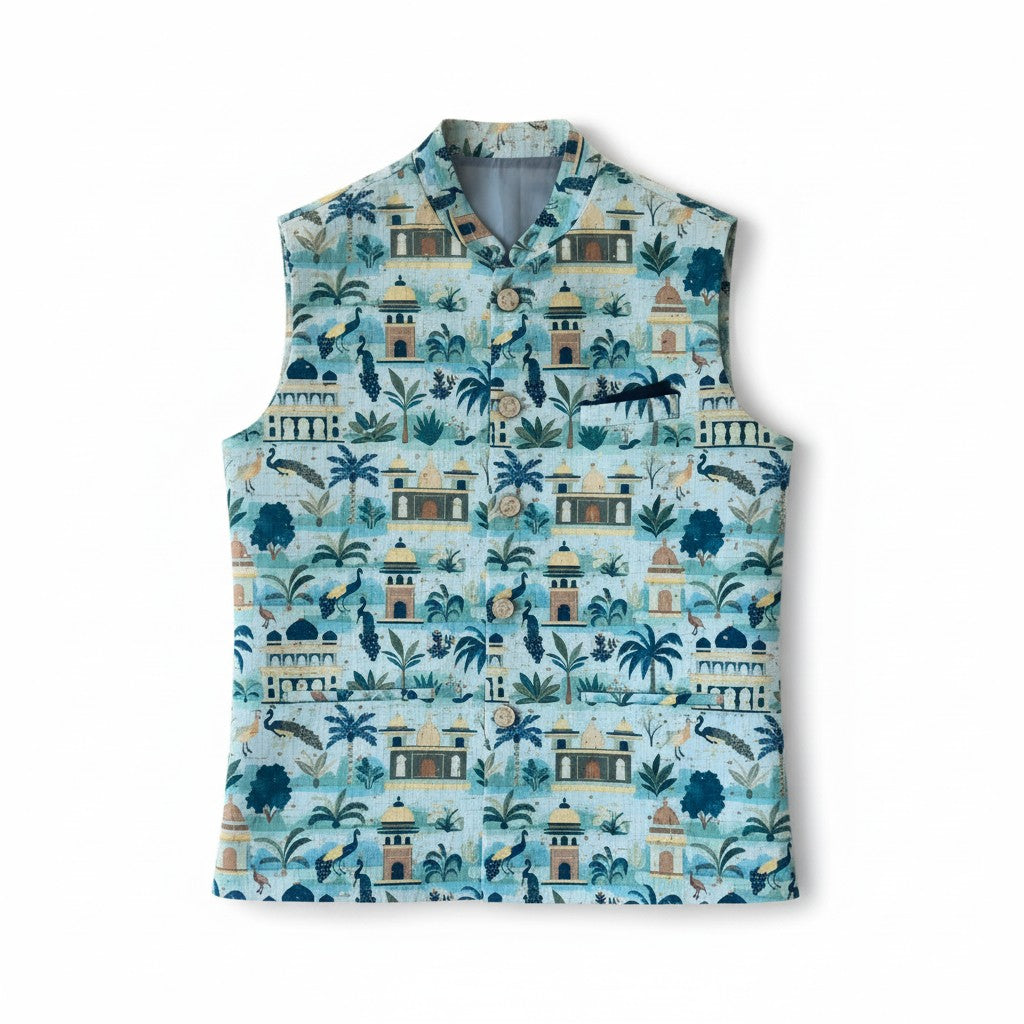 Men’s Aqua Heritage Print Nehru Jacket – Festive & Contemporary Designer Wear