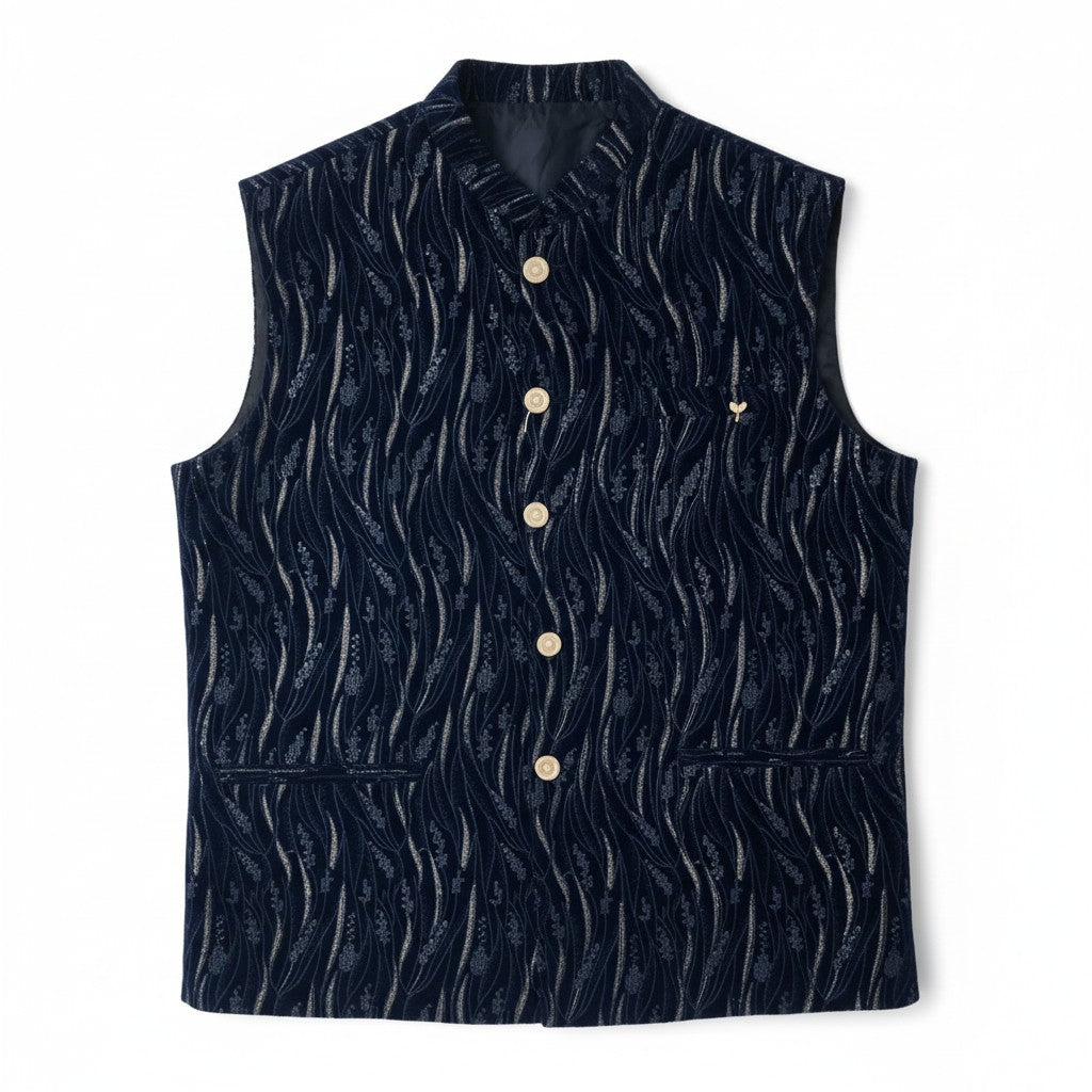Men’s Navy Textured Embroidered Nehru Jacket – Luxe Festive & Wedding Wear